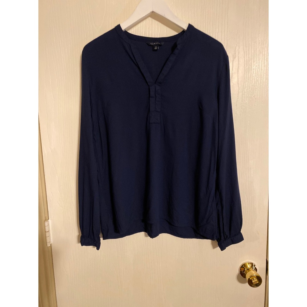 Tommy Hilfiger Womens Navy Blue Long Sleeve Split V-Neck Viscose Blouse L 0740